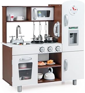 COSTWAY おままごとキッチン 木製 キッチン おもちゃ 組立式 調理器具付き 電子レンジ オーブン 製氷機 収納 音が出る 知育玩具 台所 ごっこ遊び まねっこ コンロ ミニキッチン 子供用 誕生日 プレゼント 入園祝い クリスマス ブラウン