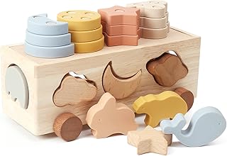 Mamimami Home 木製パズル 型はめ スタッキング 形合わせ はめ込み 玩具 モンテソッリー 棒通し 積み木 木製の車おもちゃ 子供 1歳 2歳 3歳 男の子 女の子 赤ちゃん 形状認識 早期開発 指先訓練 知育玩具 出産祝い 入園お祝い 誕生日プレゼント（イエロー）