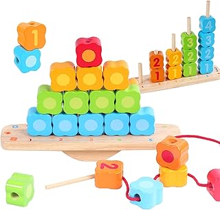 CORPER TOYS 木製パズル 4IN1 ひもとおし 紐通しおもちゃ 数字パズル 英語 積み木 バランスゲーム 指先訓練 色認識 かわいい 花おもちゃ ひもとおしおもちゃ 男の子 女の子 カラフル プロック クリスマス プレゼント 八歳以上