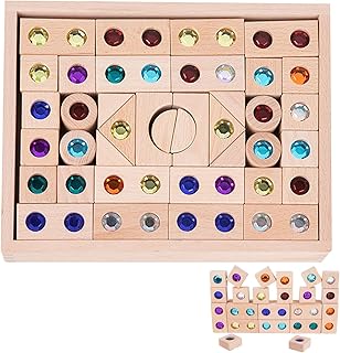 木製積み木セット、レインボーアクリルブロック, 子供用木製ブロック 50 個, 子供用アクリルスタッキングおもちゃ、モンテッソーリ教育木のおもちゃ、半透明、男の子&女の子用