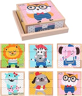 キューブパズル 3D立体パズル 木製パズル 積み木 モンテッソーリ玩具 子供向け 知育玩具 木製玩具 型はめおもちゃ 6種の絵 動物 昆虫 果物 女の子 男の子 子供おもちゃ クリスマス 誕生日 新年 プレゼント (A-動物タイプ)