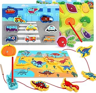 CORPER TOYS 木製パズル 3IN1 型はめパズル 形合わせ ひもとおしおもちゃ 紐通しおもちゃ ブロック 積み木 釣り遊び 磁石 魚釣りおもちゃ 野菜 乗り物 恐竜 豪華セット 男の子 女の子 クリスマス プレゼント