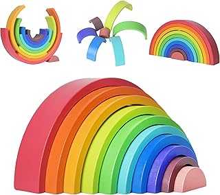 Shinse 積み木 10層 虹の積み木 木製 虹色トンネル アーチレインボー 半円形 バランスゲーム スタッキング モンテッソーリ 知育玩具 想像力 早期開発 ビルディング 赤ちゃん 子供 1 2 3歳 女の子 男の子 誕生祝い クリスマス 出産祝い 入園祝い ギフト プレゼント