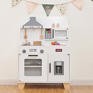 【ホワイト】OSJ おままごと キッチン 木製 台所 ライト付き 音が鳴る 製氷機 調理器具付き 調味料 食材 野菜 知育玩具 コンロ 電子レンジ 家事 おもちゃ キッズ ベビー 誕生日 プレゼント
