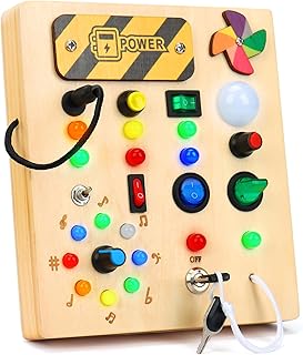 YTCYKJ 木製ビジーボード おもちゃ ビジーボード モンテッソーリおもちゃ スイッチ ビジー ボード 幼児 ライト スイッチ ボタン付き キッズアクティビティボード 幼児感覚おもちゃ 3歳以上の子供向け インタラクティブ早期教育 教育 学習 旅行 おもちゃ 男の子用 女の子用 バッテリ別売(風車)