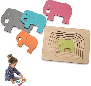 Mamimami Home モンテッソーリ 玩具 型合わせ 玩具 はめこみ 木製パズル 積み木おもちゃ 型はめ 色彩感覚 幼児 知育 かわいい動物 大きさと色の形認知スキル 女の子 男の子 クリスマス 誕生日プレゼントギフト（象）