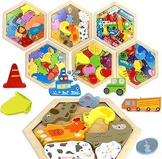 CORPER TOYS 木製パズル 型はめパズル 形合わせ 豪華セット 六角形 はめ込み ブロック 積み木 積み上げ バランスゲーム 動物 乗り物 果物 恐竜 立体パズル 木のおもちゃ クリスマス プレゼント