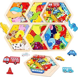 OTONOPI 木製パズル 型はめパズル 積み木 バランスゲーム 六角形 はめ込み 木のおもちゃ 6種類セット 動物 果物 恐竜 乗り物 知育玩具 指先訓練 女の子 男の子 誕生日 クリスマス プレゼント 6歳以上…
