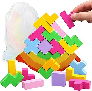 Shinse バランスゲーム 積み木 収納袋付き 木のおもちゃ モンテソッリー 知育玩具 集中力 指先訓練 形状認識 早期開発 創造力 男の子 女の子 3歳以上