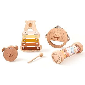 Wooden Teether 楽器 おもちゃ 音楽啓蒙 4点セット ガラガラ 木のおもちゃ モンテッソーリ音楽おもちゃ 木琴 カスタネット タンバリン レインボーメーカー 幼児用 知育玩具 打楽器 1歳 2歳 誕生日 出産祝い